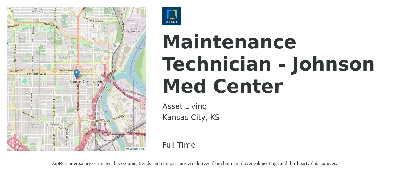 Asset Living job posting for a Maintenance Technician - Johnson Med Center in Kansas City, KS with a salary of $18 to $26 Hourly with a map of Kansas City location.