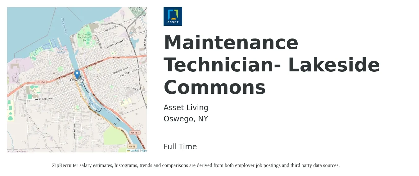Asset Living job posting for a Maintenance Technician- Lakeside Commons in Oswego, NY with a salary of $18 to $26 Hourly with a map of Oswego location.