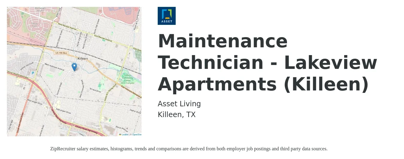 Asset Living job posting for a Maintenance Technician - Lakeview Apartments (Killeen) in Killeen, TX with a salary of $17 to $22 Hourly with a map of Killeen location.