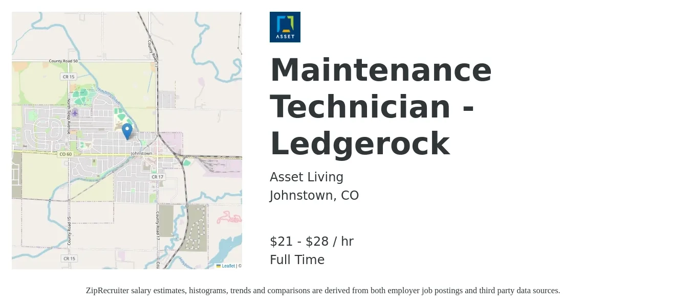 Asset Living job posting for a Maintenance Technician - Ledgerock in Johnstown, CO with a salary of $22 to $30 Hourly with a map of Johnstown location.