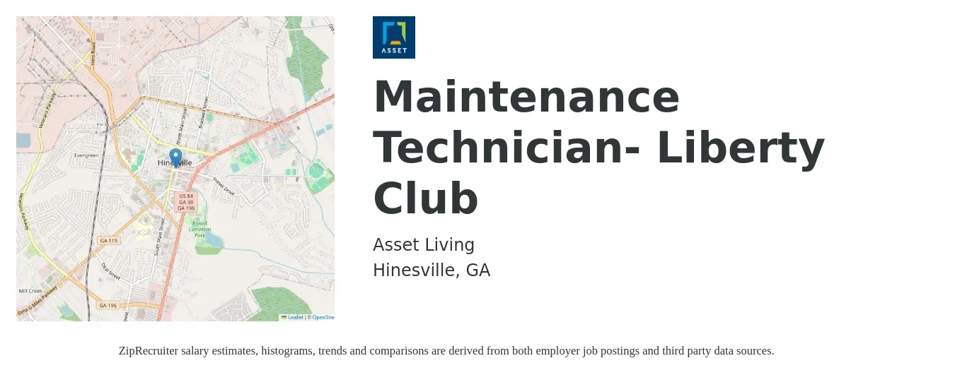 Asset Living job posting for a Maintenance Technician- Liberty Club in Hinesville, GA with a salary of $18 to $24 Hourly with a map of Hinesville location.