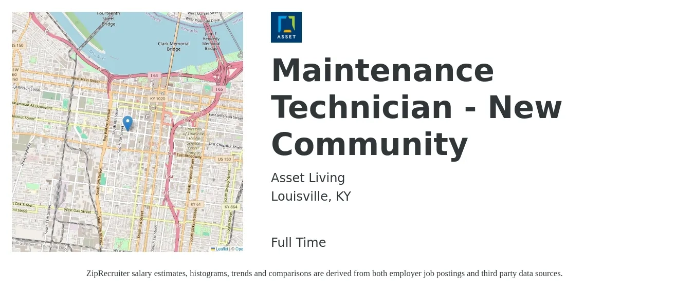 Asset Living job posting for a Maintenance Technician - New Community in Louisville, KY with a salary of $18 to $24 Hourly with a map of Louisville location.
