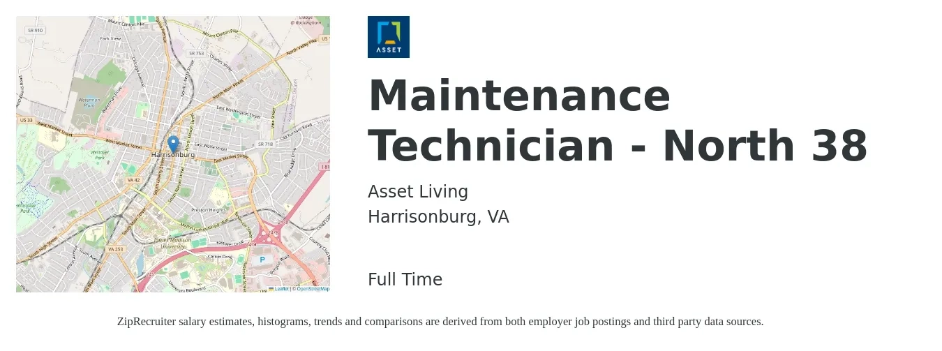 Asset Living job posting for a Maintenance Technician - North 38 in Harrisonburg, VA with a salary of $18 to $25 Hourly with a map of Harrisonburg location.
