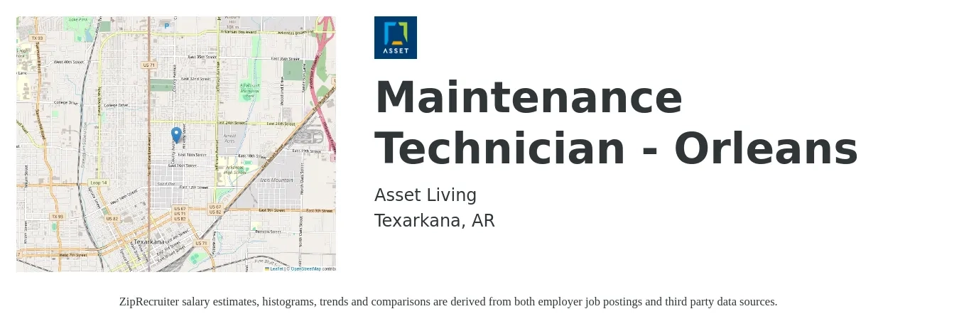Asset Living job posting for a Maintenance Technician - Orleans in Texarkana, AR with a salary of $18 to $25 Hourly with a map of Texarkana location.
