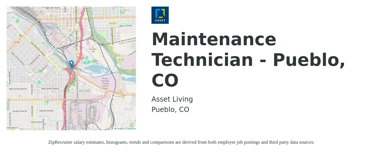 Asset Living job posting for a Maintenance Technician - Pueblo, CO in Pueblo, CO with a salary of $19 to $26 Hourly with a map of Pueblo location.