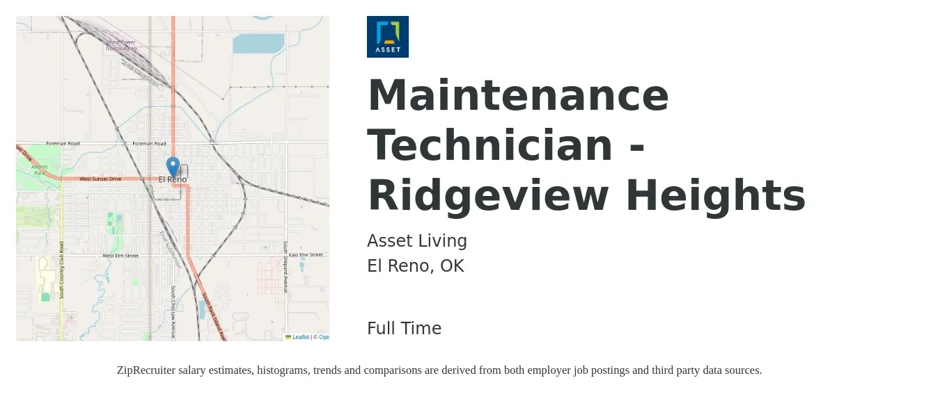 Asset Living job posting for a Maintenance Technician - Ridgeview Heights in El Reno, OK with a salary of $16 to $23 Hourly with a map of El Reno location.