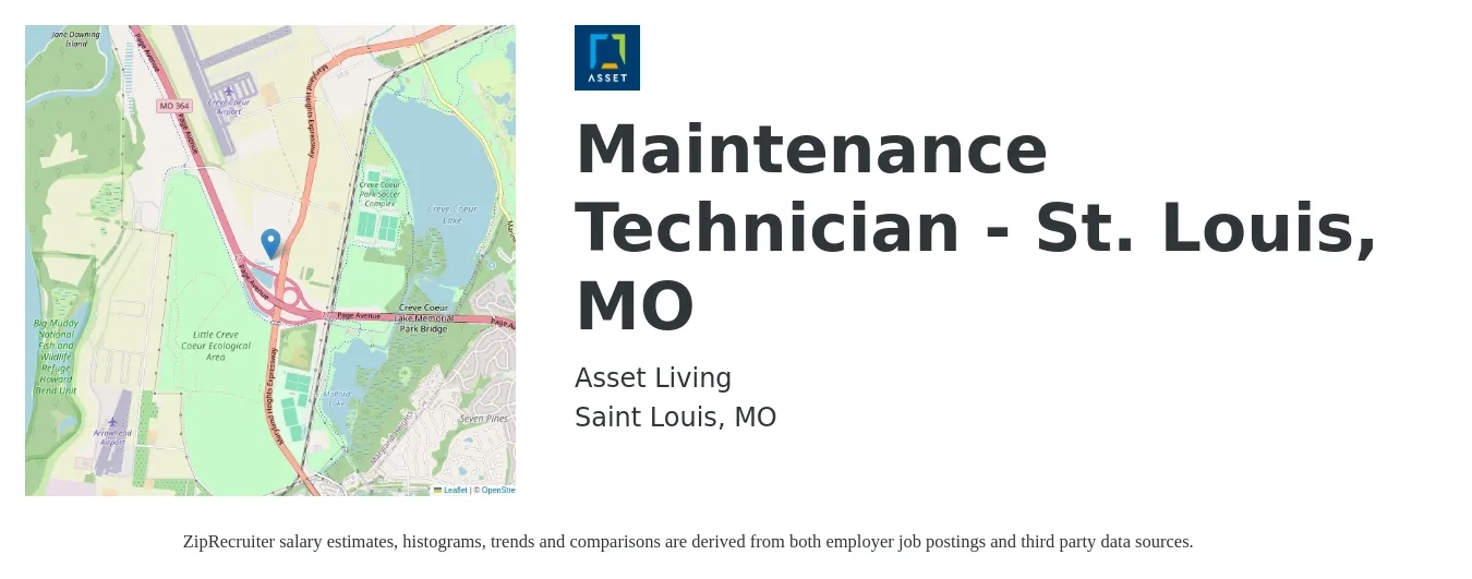 Asset Living job posting for a Maintenance Technician - St. Louis, MO in Saint Louis, MO with a salary of $19 to $26 Hourly with a map of Saint Louis location.