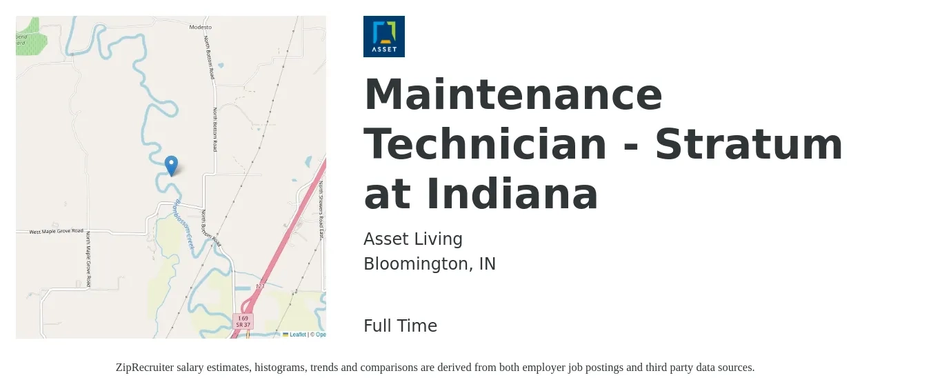 Asset Living job posting for a Maintenance Technician - Stratum at Indiana in Bloomington, IN with a salary of $18 to $25 Hourly with a map of Bloomington location.