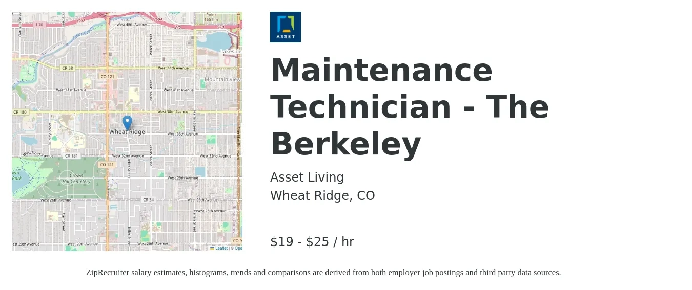 Asset Living job posting for a Maintenance Technician - The Berkeley in Wheat Ridge, CO with a salary of $20 to $27 Hourly with a map of Wheat Ridge location.