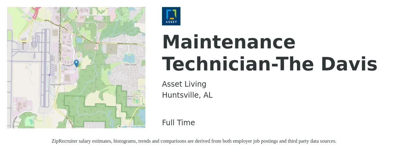 Asset Living job posting for a Maintenance Technician-The Davis in Huntsville, AL with a salary of $19 to $26 Hourly with a map of Huntsville location.