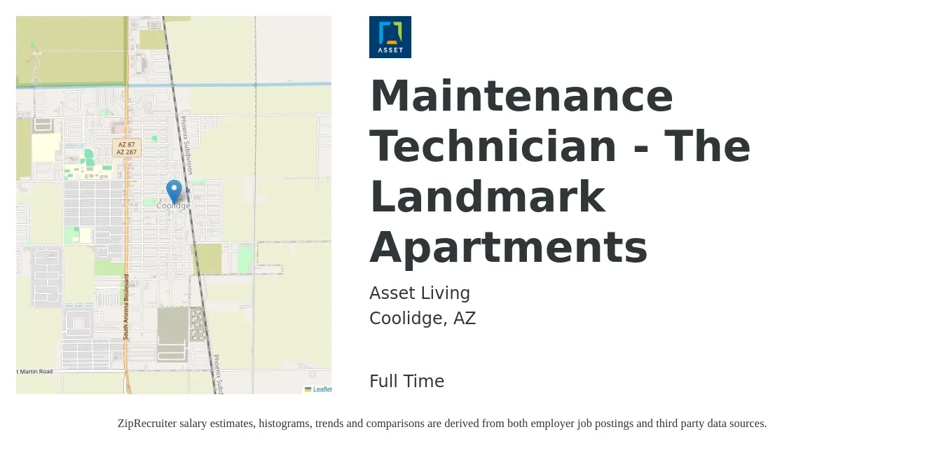Asset Living job posting for a Maintenance Technician - The Landmark Apartments in Coolidge, AZ with a salary of $18 to $25 Hourly with a map of Coolidge location.