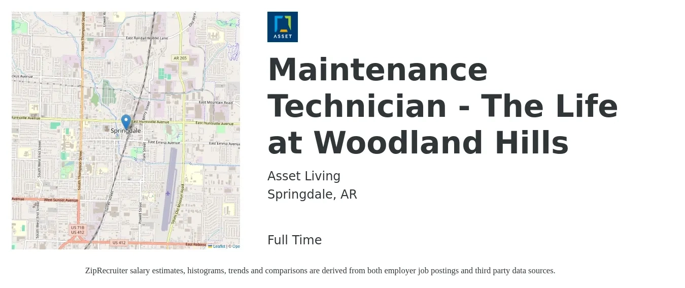 Asset Living job posting for a Maintenance Technician - The Life at Woodland Hills in Springdale, AR with a salary of $17 to $24 Hourly with a map of Springdale location.