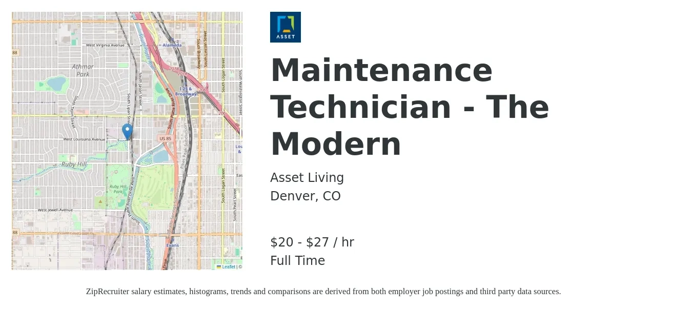 Asset Living job posting for a Maintenance Technician - The Modern in Denver, CO with a salary of $21 to $29 Hourly with a map of Denver location.