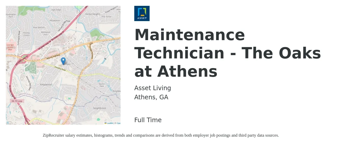 Asset Living job posting for a Maintenance Technician - The Oaks at Athens in Athens, GA with a salary of $18 to $26 Hourly with a map of Athens location.