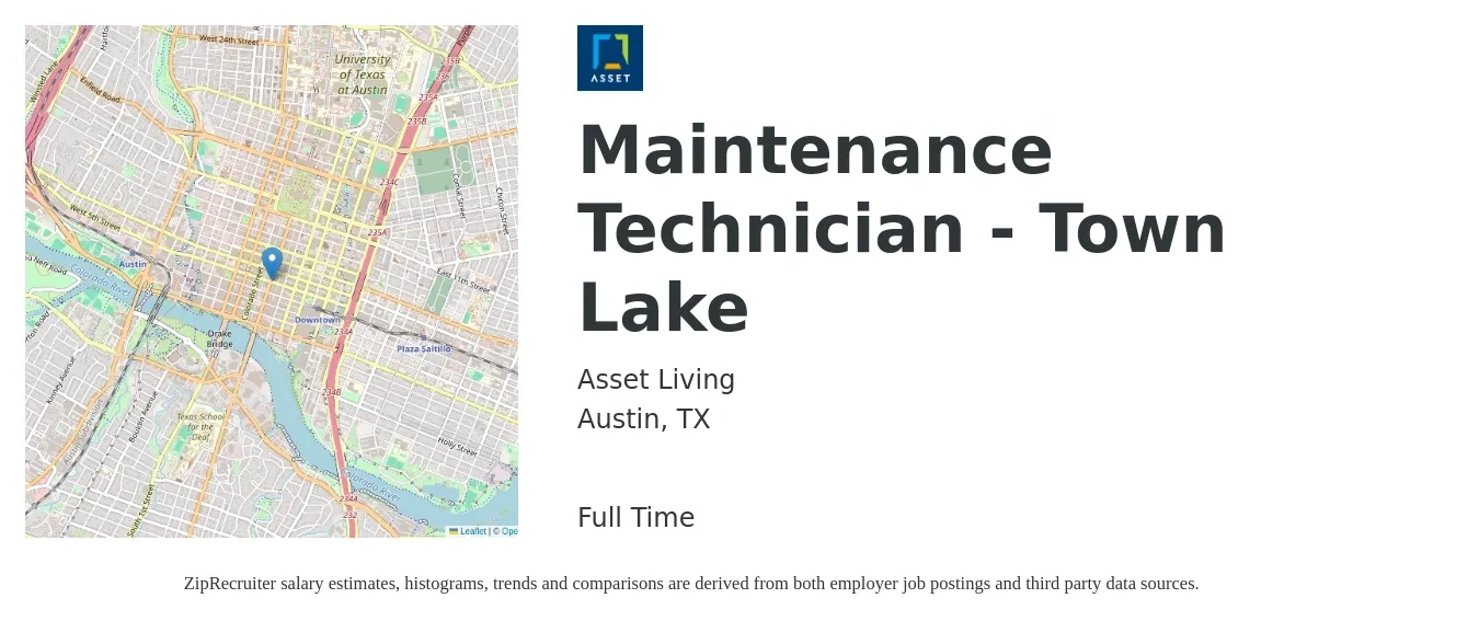 Asset Living job posting for a Maintenance Technician - Town Lake in Austin, TX with a salary of $19 to $26 Hourly with a map of Austin location.