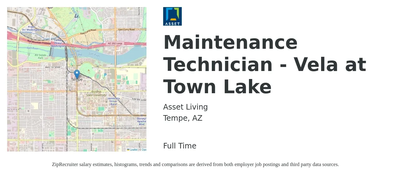 Asset Living job posting for a Maintenance Technician - Vela at Town Lake in Tempe, AZ with a salary of $18 to $26 Hourly with a map of Tempe location.