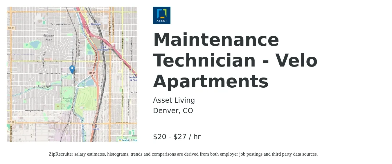 Asset Living job posting for a Maintenance Technician - Velo Apartments in Denver, CO with a salary of $21 to $29 Hourly with a map of Denver location.