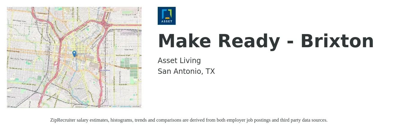 Asset Living job posting for a Make Ready - Brixton in San Antonio, TX with a salary of $19 to $27 Hourly with a map of San Antonio location.