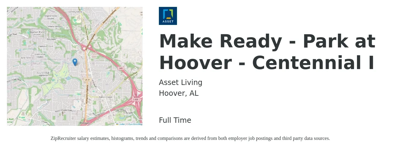 Asset Living job posting for a Make Ready - Park at Hoover - Centennial I in Hoover, AL with a salary of $19 to $26 Hourly with a map of Hoover location.