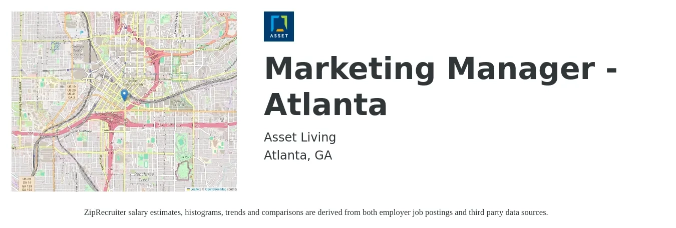 Asset Living job posting for a Marketing Manager - Atlanta in Atlanta, GA with a salary of $44,700 to $72,100 Yearly with a map of Atlanta location.
