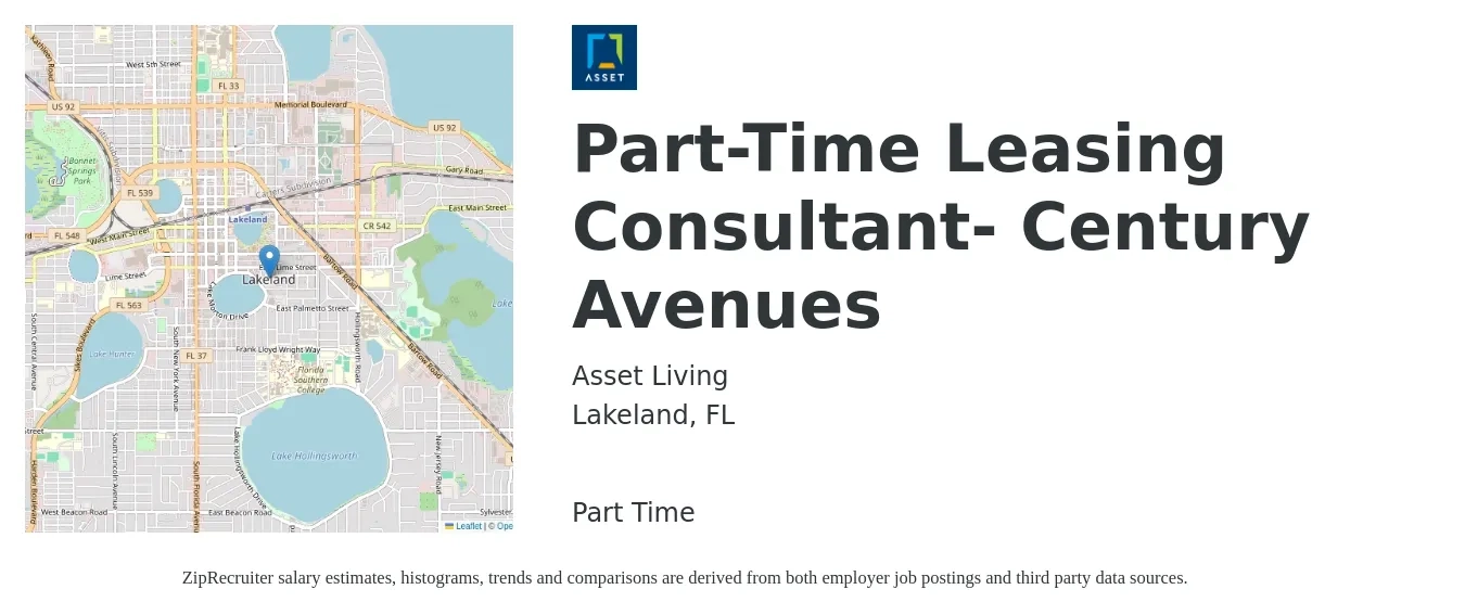 Asset Living job posting for a Part-Time Leasing Consultant- Century Avenues in Lakeland, FL with a salary of $16 to $18 Hourly with a map of Lakeland location.