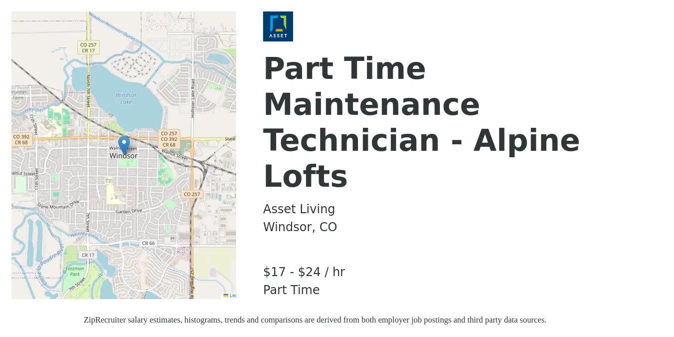 Asset Living job posting for a Part Time Maintenance Technician - Alpine Lofts in Windsor, CO with a salary of $18 to $25 Hourly with a map of Windsor location.