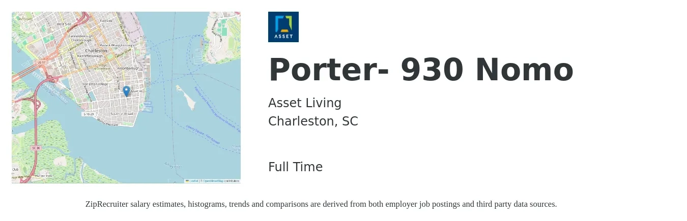 Asset Living job posting for a Porter- 930 Nomo in Charleston, SC with a salary of $13 to $16 Hourly with a map of Charleston location.