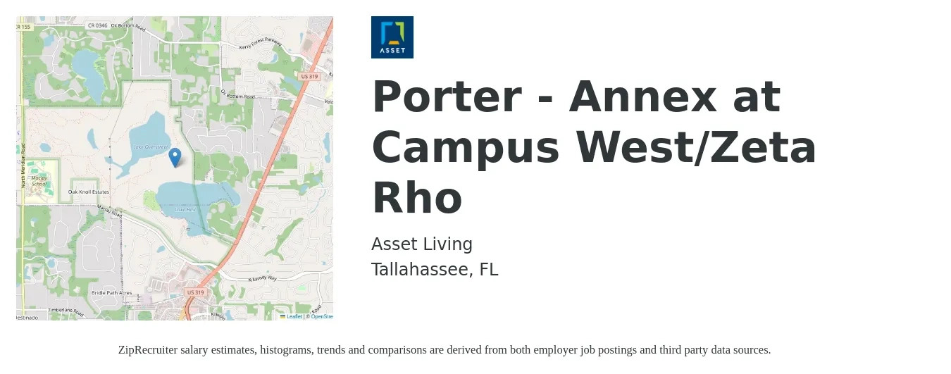 Asset Living job posting for a Porter - Annex at Campus West/Zeta Rho in Tallahassee, FL with a salary of $14 to $17 Hourly with a map of Tallahassee location.