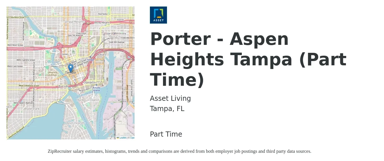 Asset Living job posting for a Porter - Aspen Heights Tampa (Part Time) in Tampa, FL with a salary of $14 to $17 Hourly with a map of Tampa location.