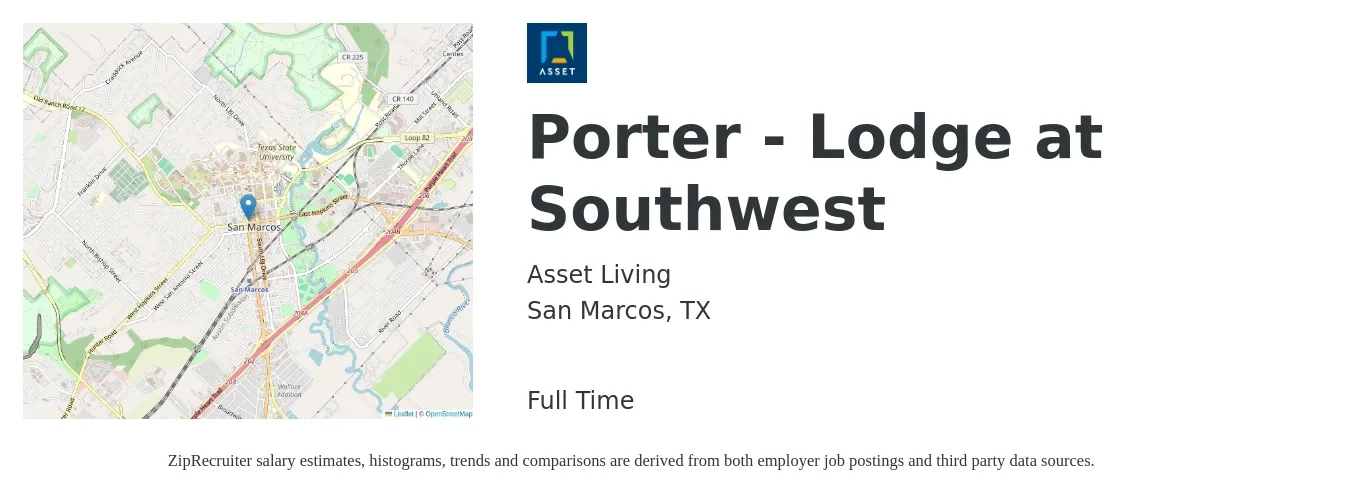 Asset Living job posting for a Porter - Lodge at Southwest in San Marcos, TX with a salary of $14 to $16 Hourly with a map of San Marcos location.