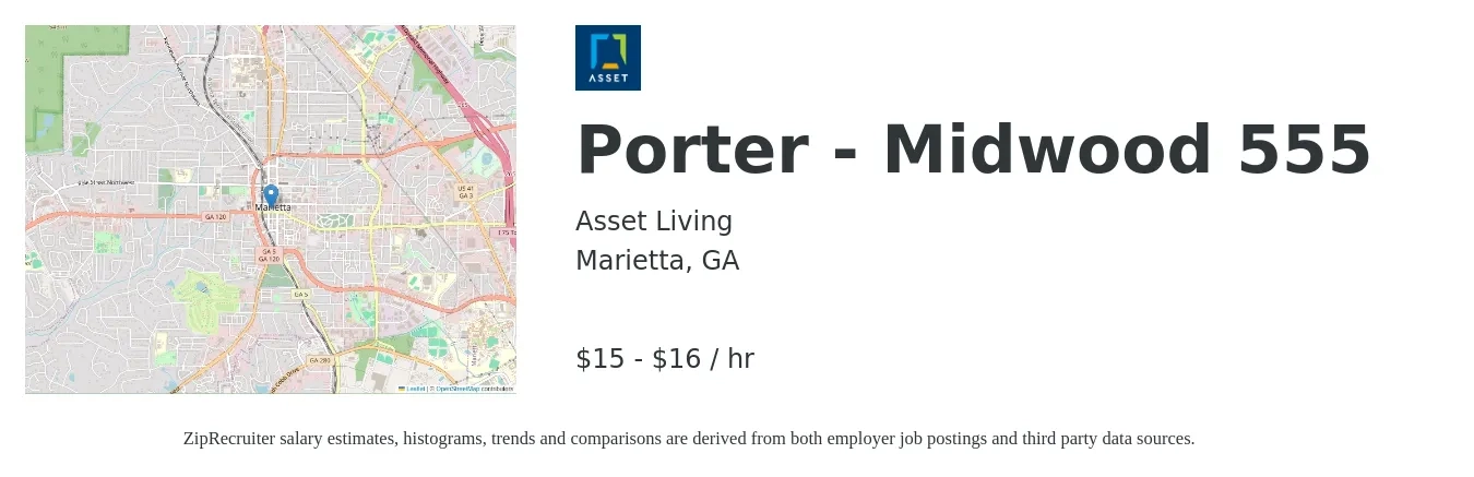 Asset Living job posting for a Porter - Midwood 555 in Marietta, GA with a salary of $14 to $17 Hourly with a map of Marietta location.