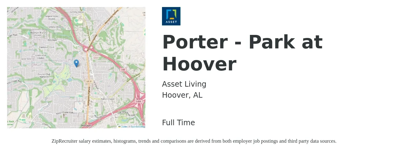 Asset Living job posting for a Porter - Park at Hoover in Hoover, AL with a salary of $12 to $16 Hourly with a map of Hoover location.