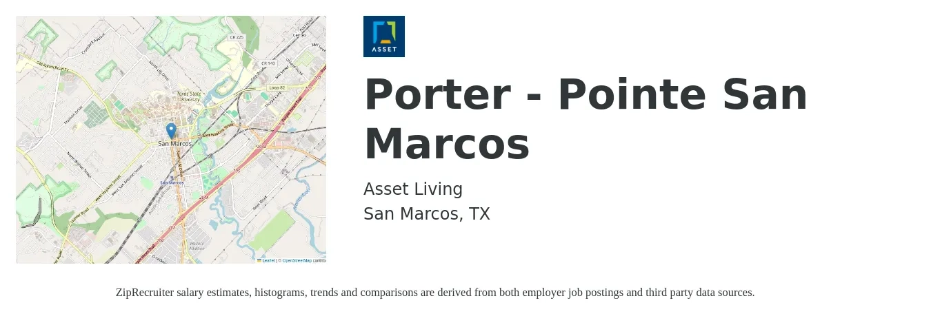 Asset Living job posting for a Porter - Pointe San Marcos in San Marcos, TX with a salary of $14 to $16 Hourly with a map of San Marcos location.