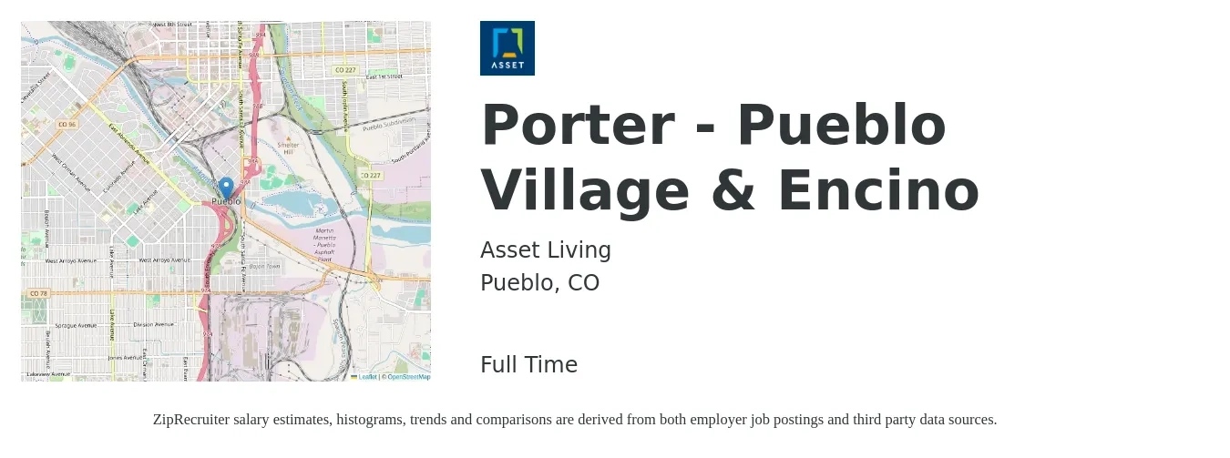 Asset Living job posting for a Porter - Pueblo Village & Encino in Pueblo, CO with a salary of $14 to $18 Hourly with a map of Pueblo location.