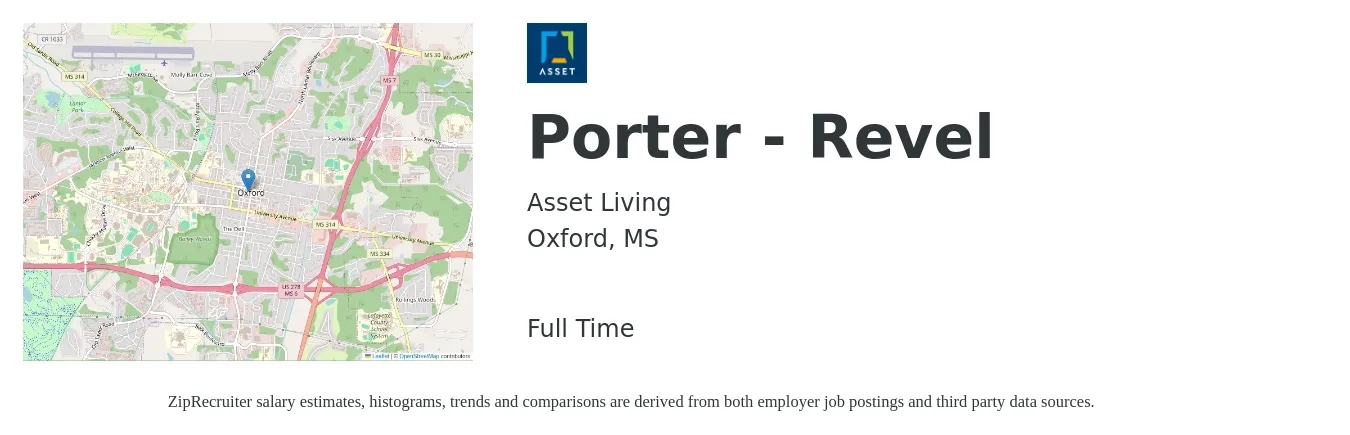 Asset Living job posting for a Porter - Revel in Oxford, MS with a salary of $14 to $17 Hourly with a map of Oxford location.