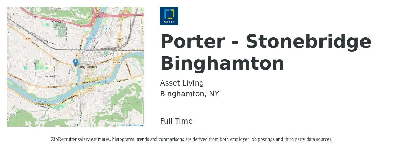 Asset Living job posting for a Porter - Stonebridge Binghamton in Binghamton, NY with a salary of $14 to $17 Hourly with a map of Binghamton location.