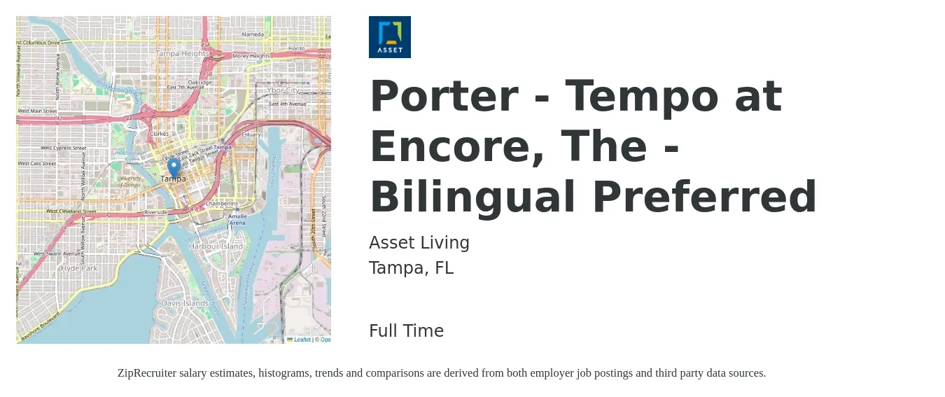 Asset Living job posting for a Porter - Tempo at Encore, The - Bilingual Preferred in Tampa, FL with a salary of $14 to $17 Hourly with a map of Tampa location.