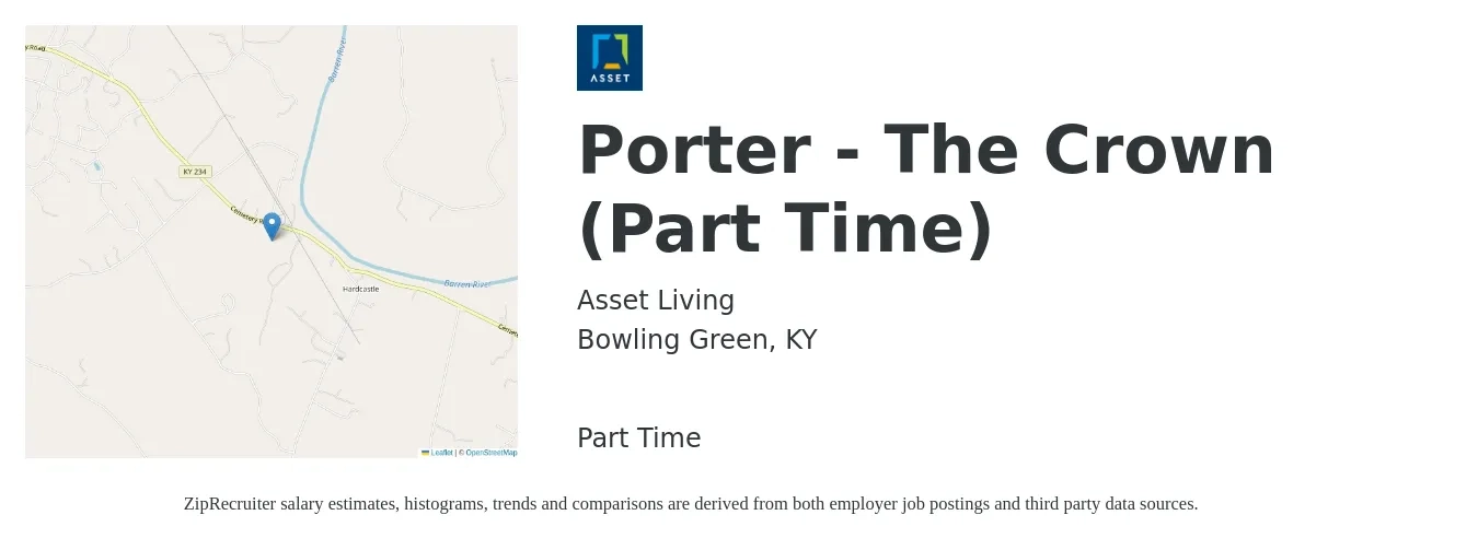 Asset Living job posting for a Porter - The Crown (Part Time) in Bowling Green, KY with a salary of $14 to $18 Hourly with a map of Bowling Green location.
