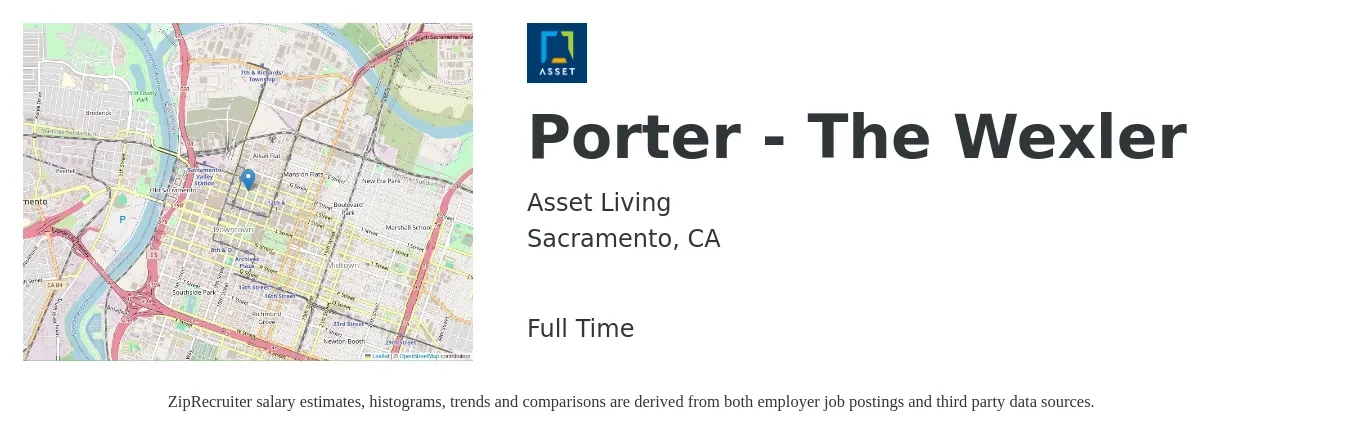 Asset Living job posting for a Porter - The Wexler in Sacramento, CA with a salary of $15 to $19 Hourly with a map of Sacramento location.
