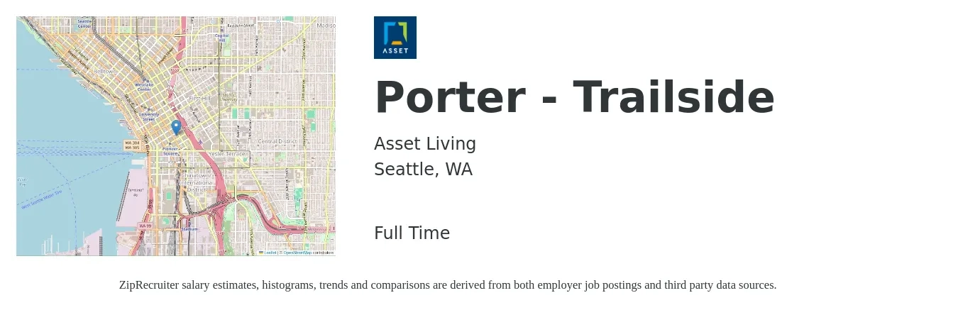 Asset Living job posting for a Porter - Trailside in Seattle, WA with a salary of $16 to $20 Hourly with a map of Seattle location.