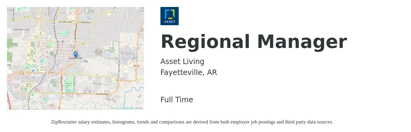 Asset Living job posting for a Regional Manager in Fayetteville, AR with a salary of $74,800 to $100,700 Yearly with a map of Fayetteville location.