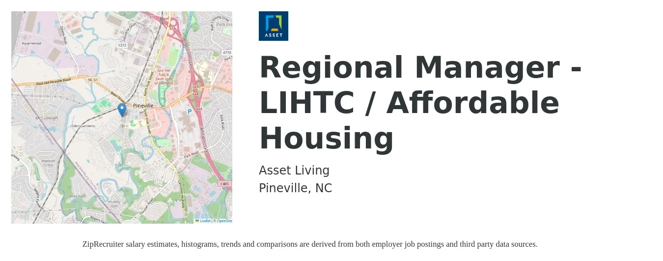 Asset Living job posting for a Regional Manager - LIHTC / Affordable Housing in Pineville, NC with a salary of $74,000 to $99,700 Yearly with a map of Pineville location.