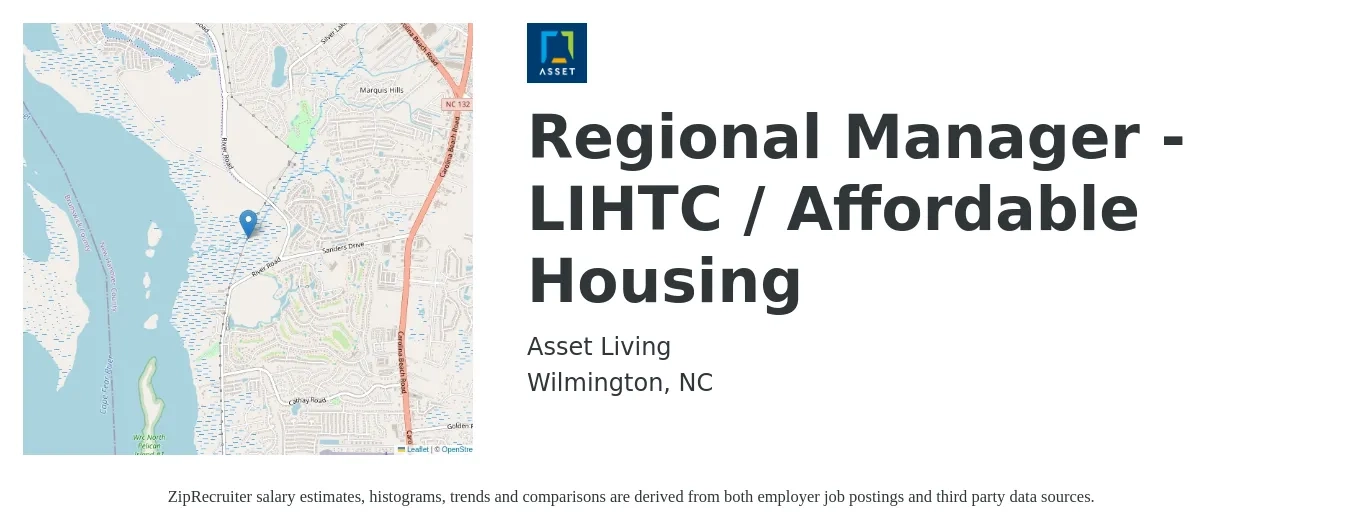 Asset Living job posting for a Regional Manager - LIHTC / Affordable Housing in Wilmington, NC with a salary of $72,700 to $97,800 Yearly with a map of Wilmington location.