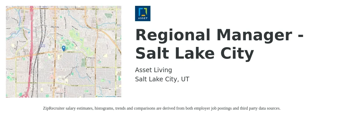 Asset Living job posting for a Regional Manager - Salt Lake City in Salt Lake City, UT with a salary of $75,500 to $101,600 Yearly with a map of Salt Lake City location.