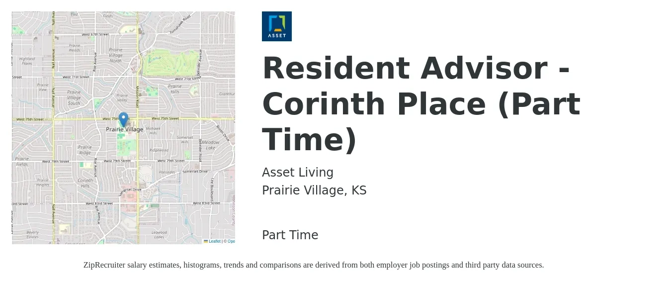 Asset Living job posting for a Resident Advisor - Corinth Place (Part Time) in Prairie Village, KS with a salary of $16 to $18 Hourly with a map of Prairie Village location.