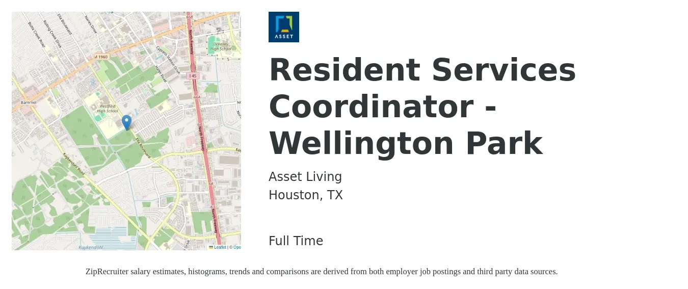 Asset Living job posting for a Resident Services Coordinator - Wellington Park in Houston, TX with a salary of $19 to $25 Hourly with a map of Houston location.