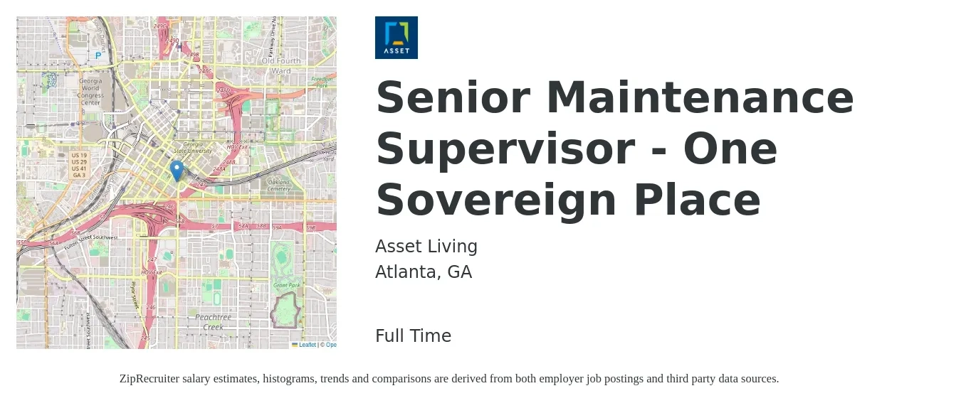 Asset Living job posting for a Senior Maintenance Supervisor - One Sovereign Place in Atlanta, GA with a salary of $49,500 to $79,000 Yearly with a map of Atlanta location.