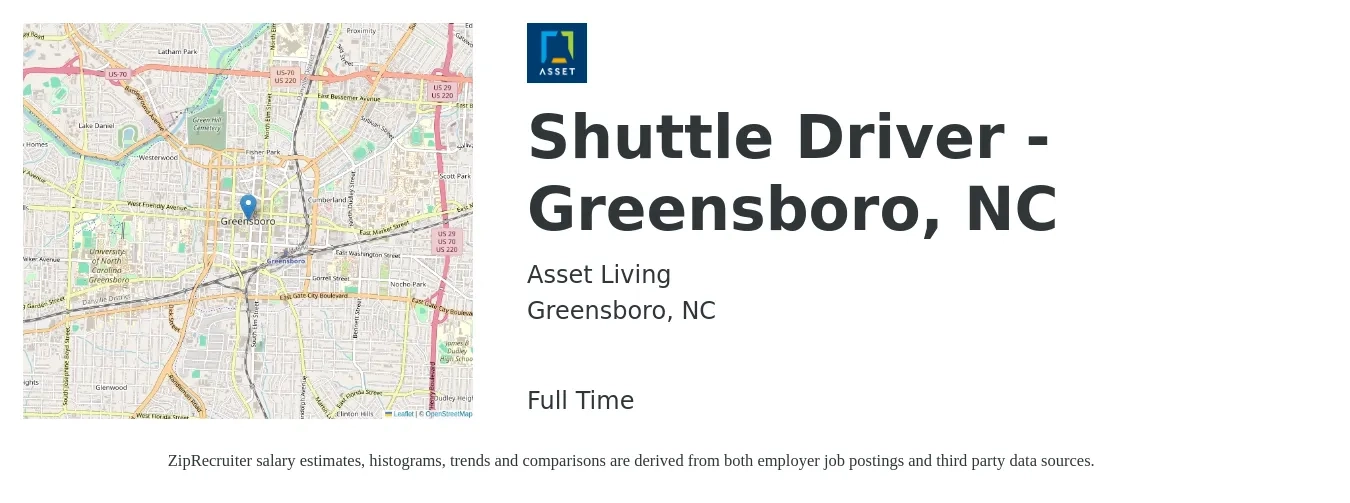 Asset Living job posting for a Shuttle Driver - Greensboro, NC in Greensboro, NC with a salary of $14 to $20 Hourly with a map of Greensboro location.
