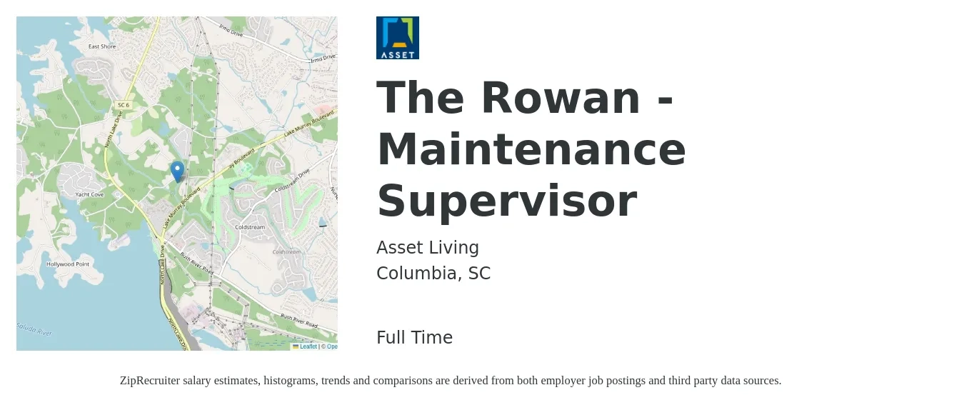 Asset Living job posting for a The Rowan - Maintenance Supervisor in Columbia, SC with a salary of $22 to $37 Hourly with a map of Columbia location.