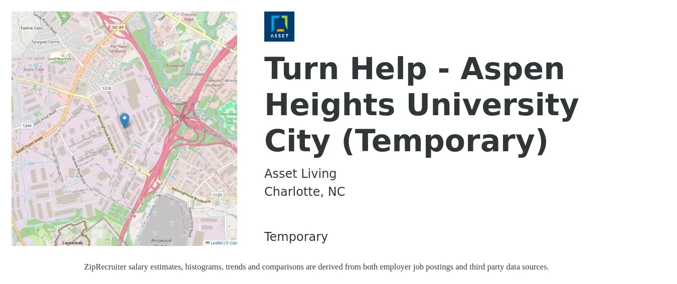 Asset Living job posting for a Turn Help - Aspen Heights University City (Temporary) in Charlotte, NC with a salary of $18 to $24 Hourly with a map of Charlotte location.